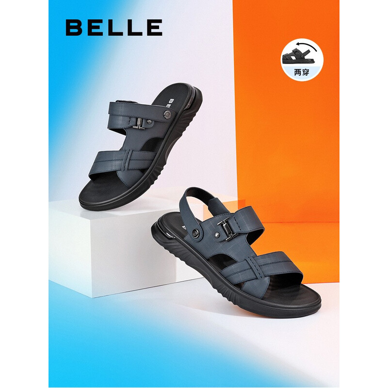 百丽休闲凉鞋男商场同款牛皮凉拖两穿软底沙滩鞋7NZ01BL2 蓝色 43