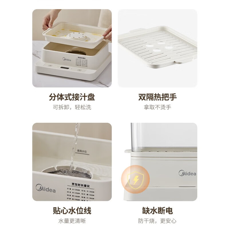 美的（Midea） 电蒸锅多用途锅多功能家用蒸包子锅电煮锅三层大容量全透明视窗 PP蒸架 MZ-ZGE272201 14.6L