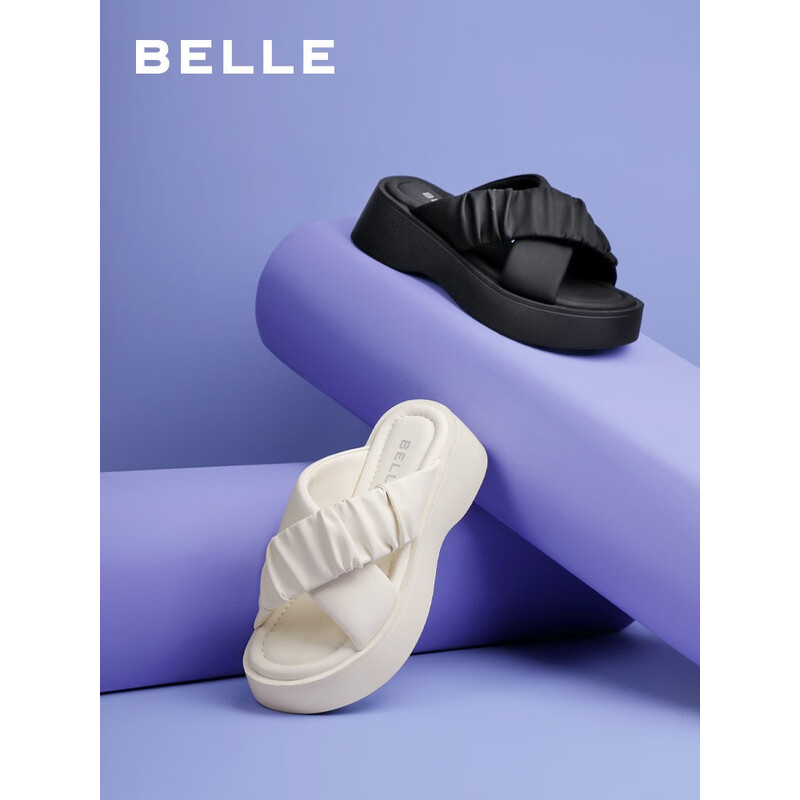 百丽交叉鞋面拖鞋女2023夏季新款厚底一脚蹬拖鞋B1292BT3 米色(建议拍大一码) 39