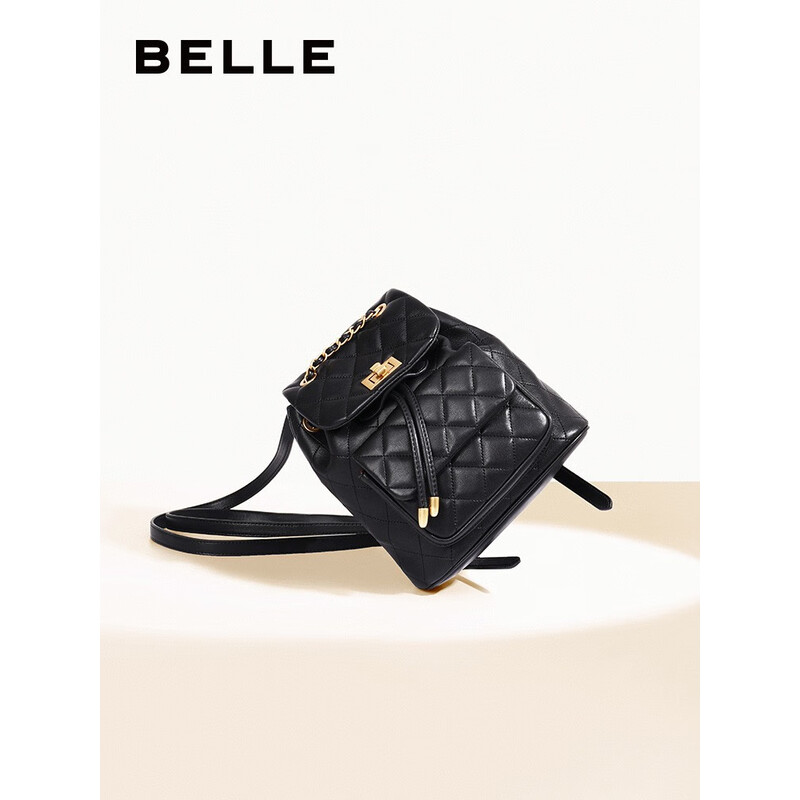 百丽时尚百搭小香风菱格绗缝链条包气质休闲双肩包X6289CX2 典雅黑 F