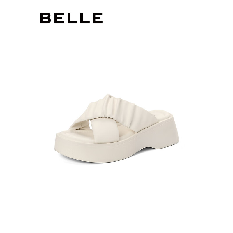 百丽交叉鞋面拖鞋女2023夏季新款厚底一脚蹬拖鞋B1292BT3 米色(建议拍大一码) 39