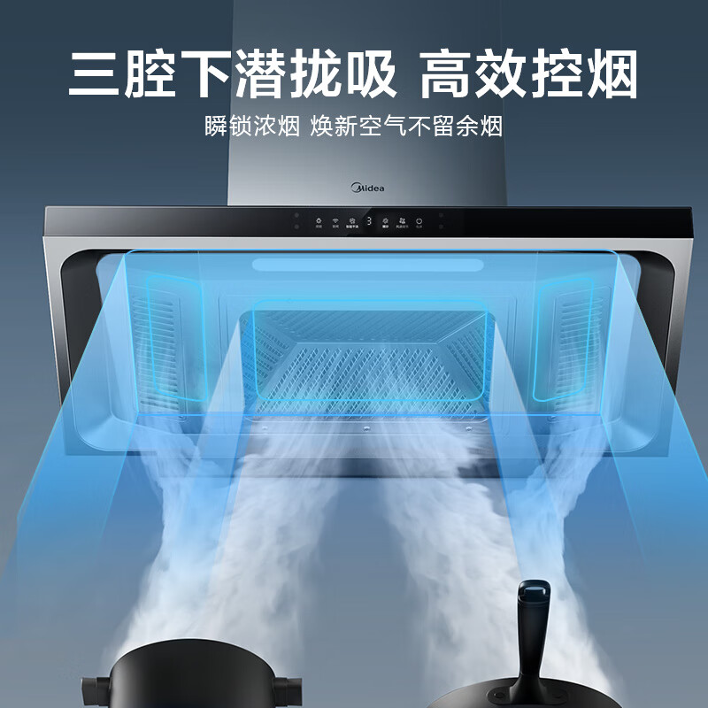 美的（Midea）抽油烟机 23风量欧式顶吸 三腔下潜家用吸油烟机自动清洗 挥手智控 脱排油烟机TQ307