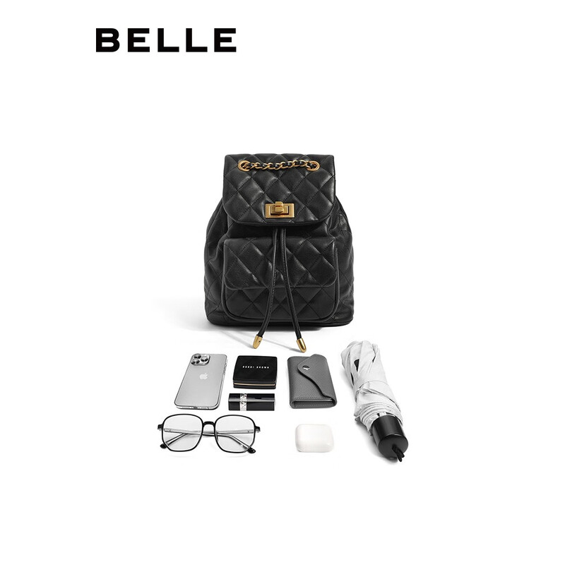 百丽时尚百搭小香风菱格绗缝链条包气质休闲双肩包X6289CX2 典雅黑 F