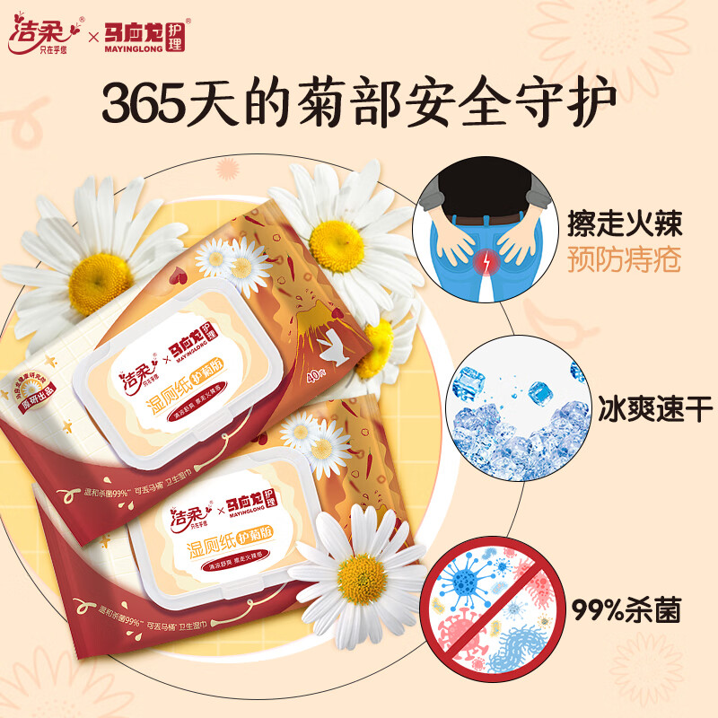 洁柔湿厕纸 马应龙联名40片*1包 清洁湿巾杀菌99% 痔疮清凉舒爽药味