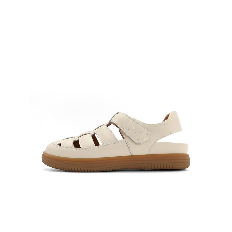 百丽编织罗马凉鞋女2023秋季新款平底镂空包头猪笼鞋B1296CL3 米白 37