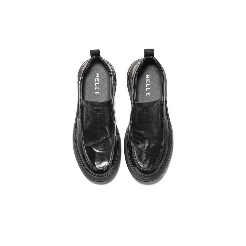 百丽套脚商务鞋男2023秋季新商场同款牛皮褶皱休闲皮鞋8CA02CM3 黑色 38