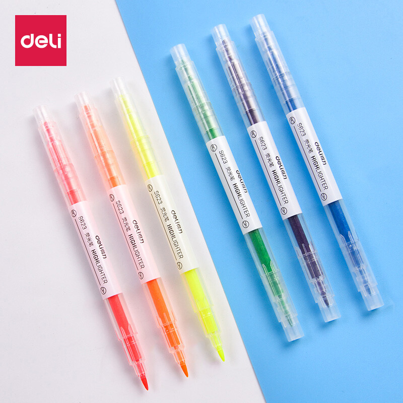得力（deli） 彩色荧光笔 双头粗细尖记号笔 试复习重点标记笔 学生文具用品 圆杆荧光色-6色