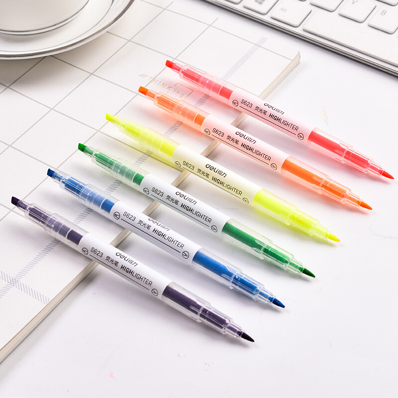 得力（deli） 彩色荧光笔 双头粗细尖记号笔 试复习重点标记笔 学生文具用品 圆杆荧光色-6色