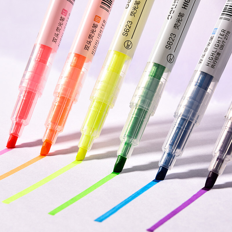 得力（deli） 彩色荧光笔 双头粗细尖记号笔 试复习重点标记笔 学生文具用品 圆杆荧光色-6色
