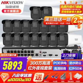 海康威视（HIKVISION）网络摄像头监控设备套装300万高清B13HV3红外50米带拾音带POE 300万B13H2网络监控套装16路 带4T监控硬盘