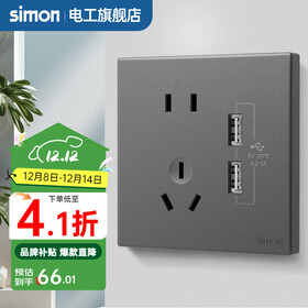 西蒙（SIMON） 开关插座面板五孔插座空调网络单开双控一开五孔usbC60荧光灰 五孔带双USB 插座