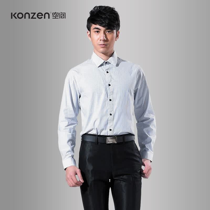 konzen空间/自由空间 新款男装条纹长袖衬衫11326324 96黑色 180/96