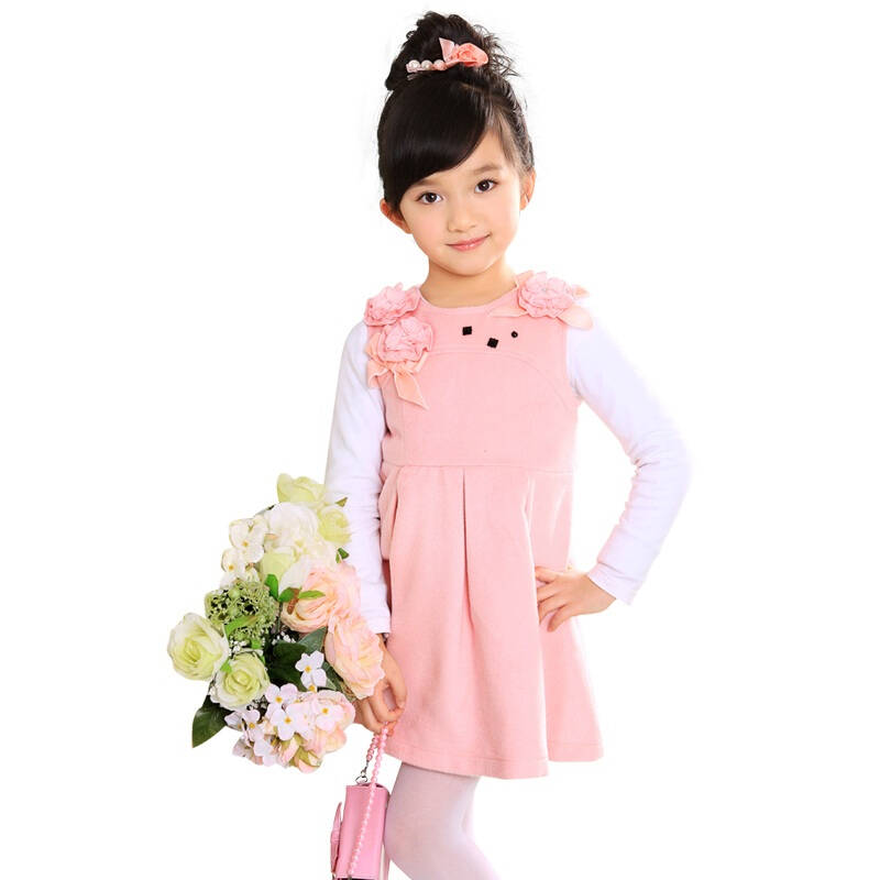 绿盒子童装女童摩登小姐2012秋款小夜曲立体玫瑰马甲裙 粉色 单色 qs