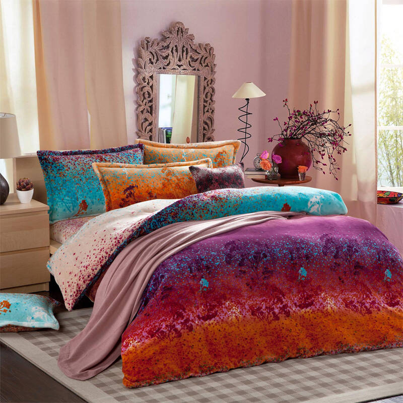 水漾家纺床上用品加厚珊瑚绒活性印花双人床四件套 暗影迷情 1.2米