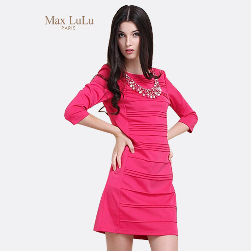 maxlulu 春秋新款欧美风 纯色褶皱七分袖修身简约连衣