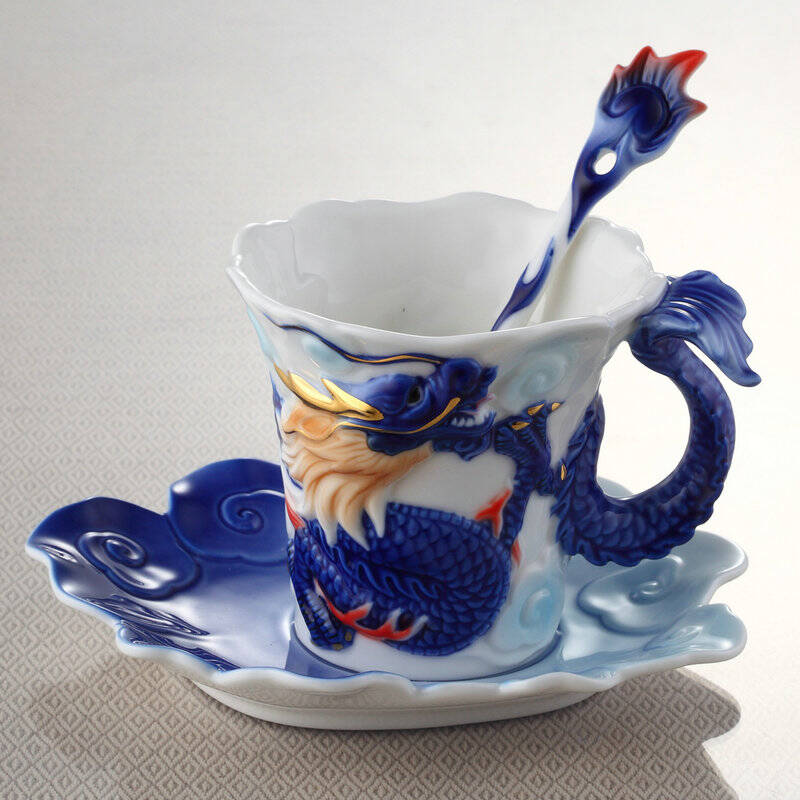 高档创意欧式珐琅咖啡杯 时尚中国龙形陶瓷茶杯套装