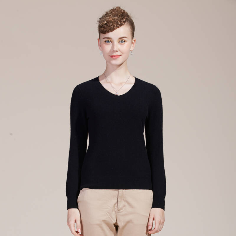 衣尚 毛衣圆领针织衫套头羊绒衫 女式新款100%纯羊绒 85107 黑色 (s)