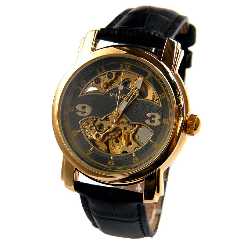 wilon威龙全自动机械表百搭另类个性皮带双镂空时尚金壳男表2026g 金