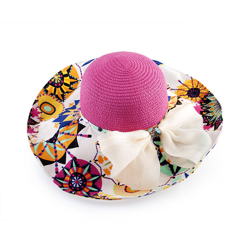 朵澜夏天女士帽子韩版遮阳帽可折叠太阳帽沙滩帽大沿防晒帽草帽 玫红