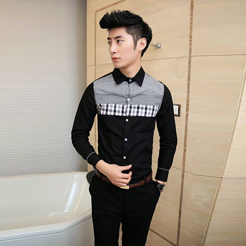 玫斯妮2014春季新款韩版修身男士长袖衬衫格子拼色男衬衫1999-c20
