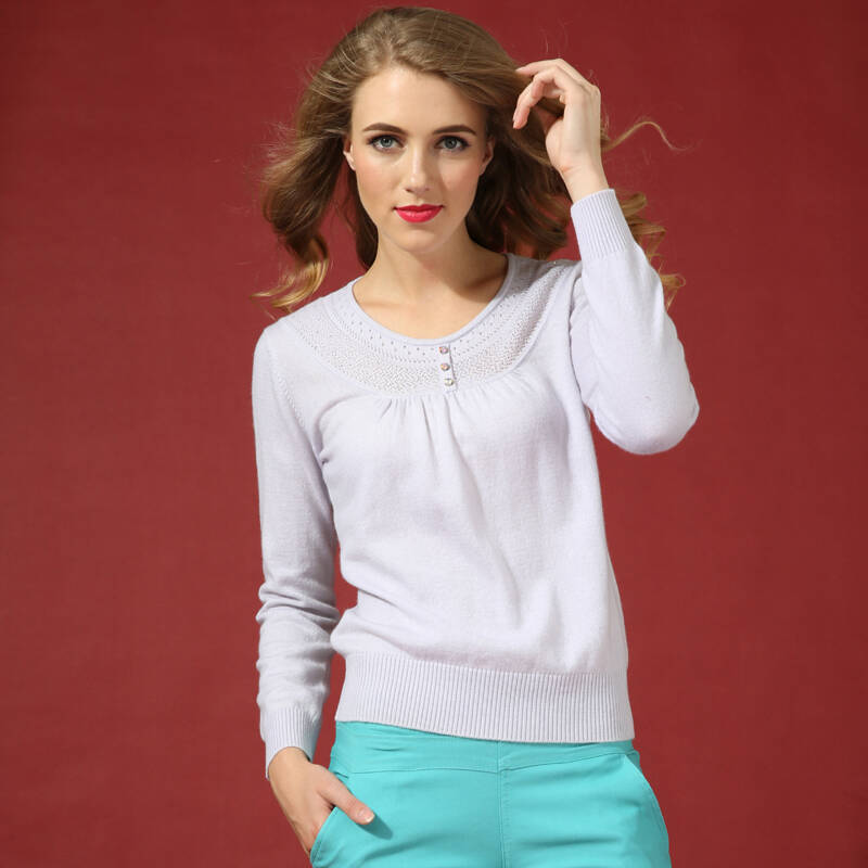 伊赛金格 2013秋冬季新款纯绒镂空烫钻休闲百搭羊绒衫 藕荷色 xxl