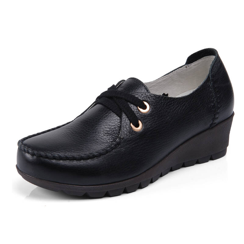 吉祥鸟休闲女鞋真皮单工作鞋舒适鞋系带中跟w1-8302 黑色 38