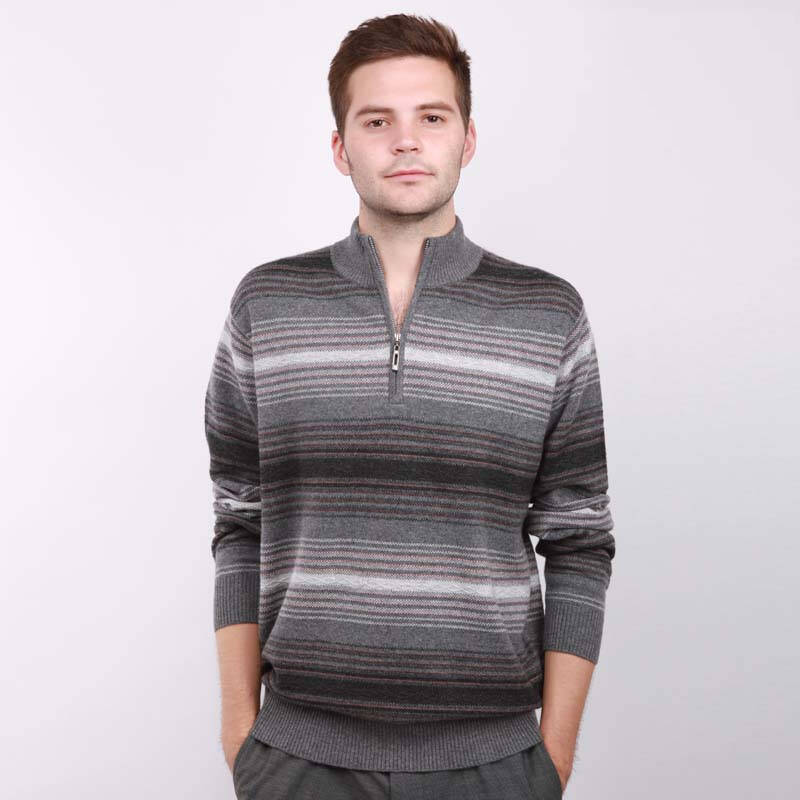 海尔曼斯 冬季男士商务休闲套头羊毛衫 半开拉链条纹加厚羊绒衫100%纯