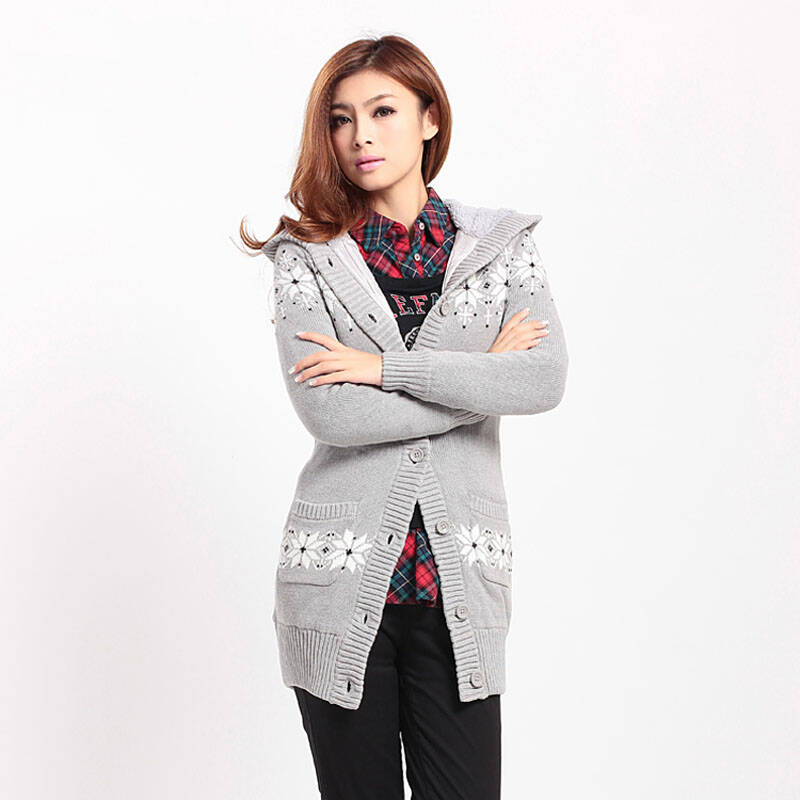 以纯2012春夏新款女装中长款有帽长袖印花线衫21422506原299 浅灰色