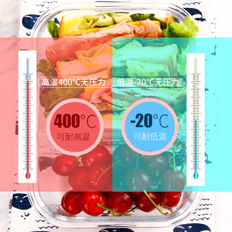 德玛斯 耐热玻璃保鲜盒 微波炉专用加热饭盒 冰箱收纳带盖密封分隔储物便当碗餐盒 北欧蓝分隔880ml