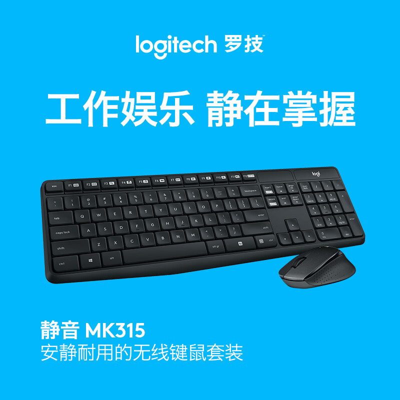 罗技（Logitech）MK315 键鼠套装 无线键鼠套装 办公键鼠套装 静音 全尺寸 黑色 带无线2.4G接收器