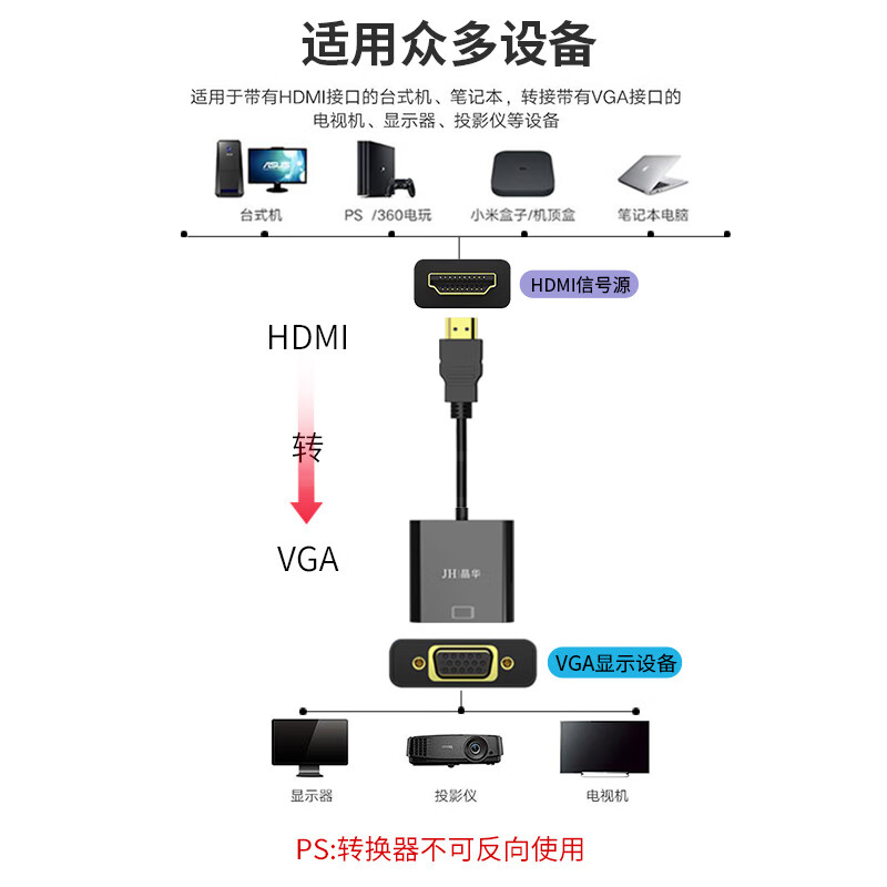 晶华（JH）HDMI转VGA线转换器 高清视频转接头 电视机顶盒电脑笔记本连接显示器电视投影仪线黑色 Z135