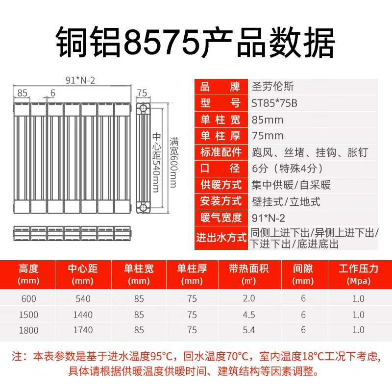 圣劳伦斯暖气片家用水暖地暖集中散热自采暖定制散热器铜铝复合材质 铜铝8575-600mm高