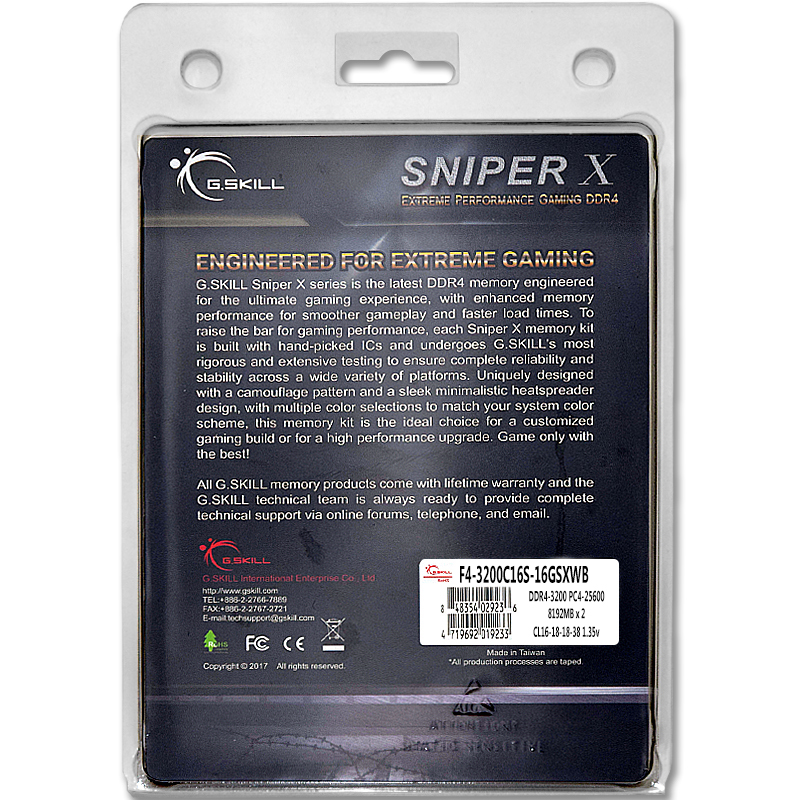 芝奇（G.SKILL）16GB DDR4 3200频率 台式机内存条 Sniper X 狙击者(迷彩黑)
