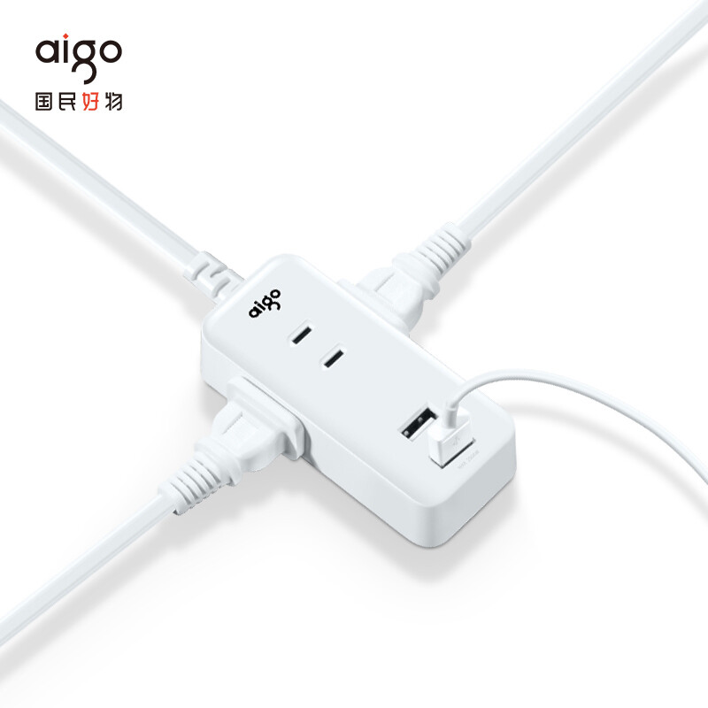 爱国者(aigo) 2USB+3位2极插孔插线板/插排/插座 迷你小巧/出差旅行充电器/桌面/床头 全长2米