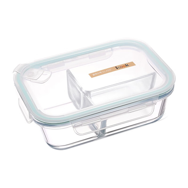 韩式ICOOK长方形带分隔玻璃饭盒微波炉烤箱可用保鲜盒分格便当密封碗保温便当饭盒套装 三分隔白1010ML