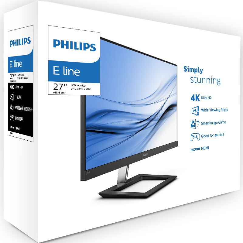 飞利浦 PHILIPS 27英寸 4K IPS技术 三边微窄边框 蓝光爱眼不闪屏 可壁挂 电脑显示器  显示屏278E1