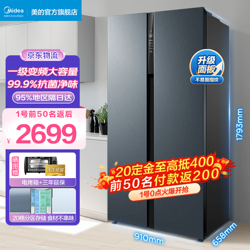 美的(Midea)549升冰箱双开门对开家用一级能效变频风冷无霜智能BCD-549WKPZM(E)  炫晶灰