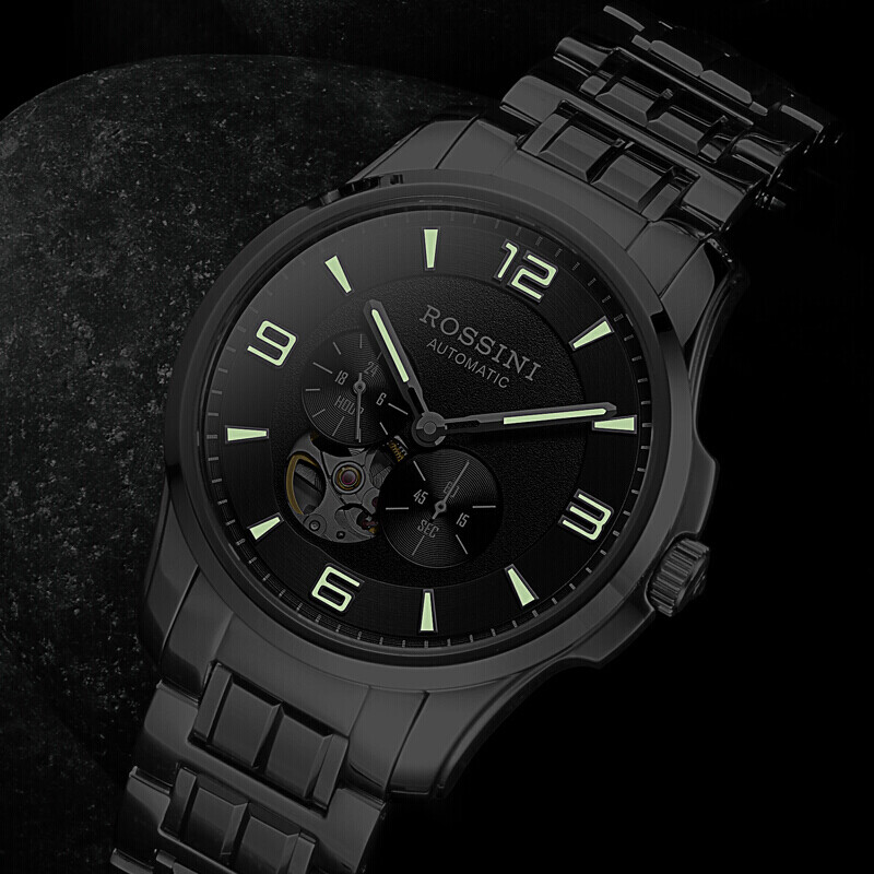 罗西尼(ROSSINI) 手表 启迪系列简约百搭自动机械男表夜光镂空钨钢罗西尼蓝盘钢带519939W05B