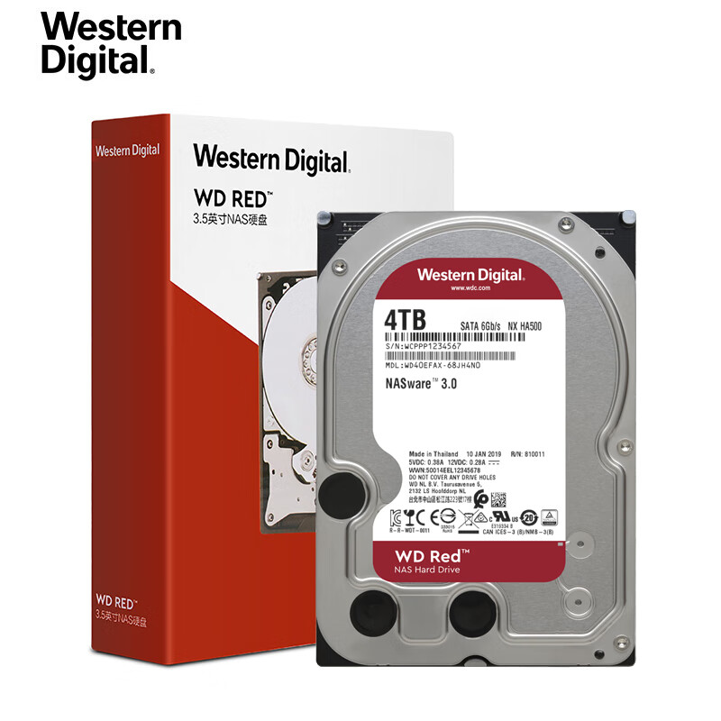 西部数据(WD)红盘 4TB SATA6Gb/s 256M 网络储存(NAS)硬盘(WD40EFAX)