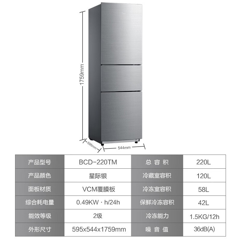 美的(Midea)冰箱220升节能直冷小型家用三门冰箱BCD-220TM 节能冰箱