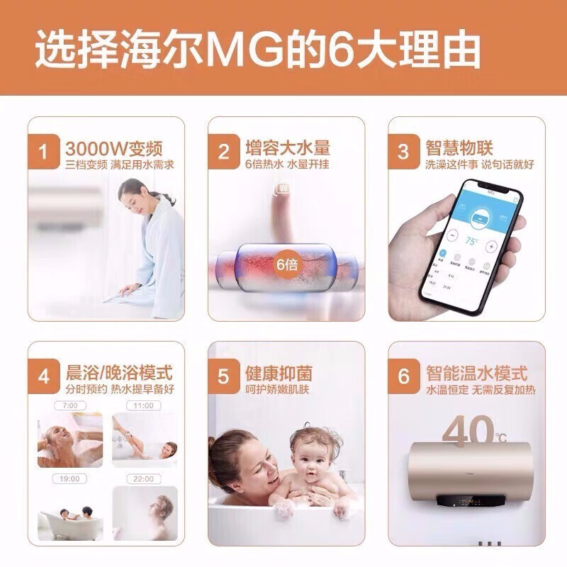 Haier/海爾 60升/80升電熱水器電家用儲(chǔ)水式 速熱衛(wèi)生間儲(chǔ)水洗澡 變頻速熱 一級(jí)能效  EC6002-MG(U1)