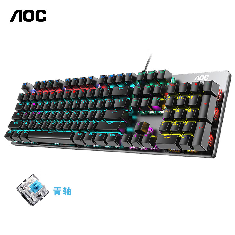 AOC GK410 机械键盘 有线键盘 游戏键盘 104键背光键盘 金属面板 电脑键盘 笔记本键盘 黑色 青轴