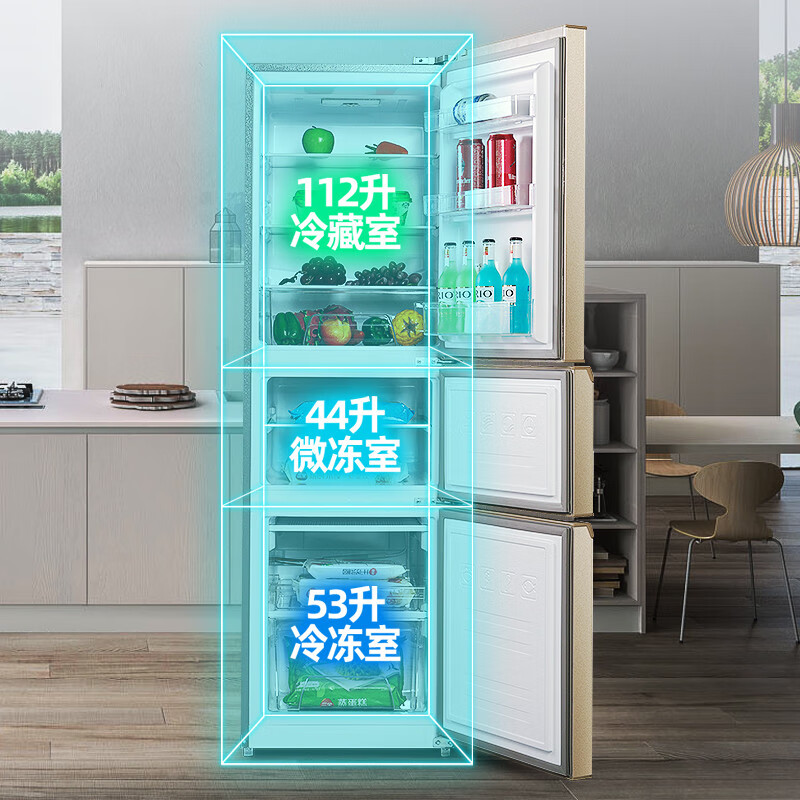 新飞（Frestec）209升三门小冰箱 家用小型 电冰箱 软冷冻室 节能保鲜省电（海贝金）BCD-209DMKT