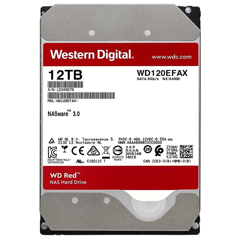 西部数据（WD）红盘 nas网络存储服务器机械硬盘2t4t6t8t10t12t SATA 3.5英寸 12TB WD120EFAX