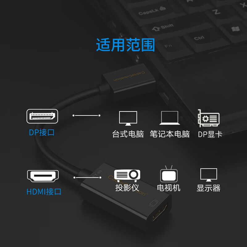 CABLE CREATION CD0101 DP转HDMI转换器 1.2主动式 DisplayPort DP公转HDMI母转换线 6屏拼接 4K高清 黑色
