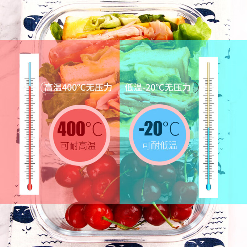 德玛斯 耐热玻璃保鲜盒 微波炉专用加热饭盒 冰箱收纳带盖密封分隔储物便当碗餐盒 北欧粉分隔680ml