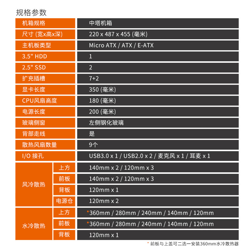 骨伽 電腦機箱 側(cè)透水冷中塔式支持E-ATX 影武者X5 黑色