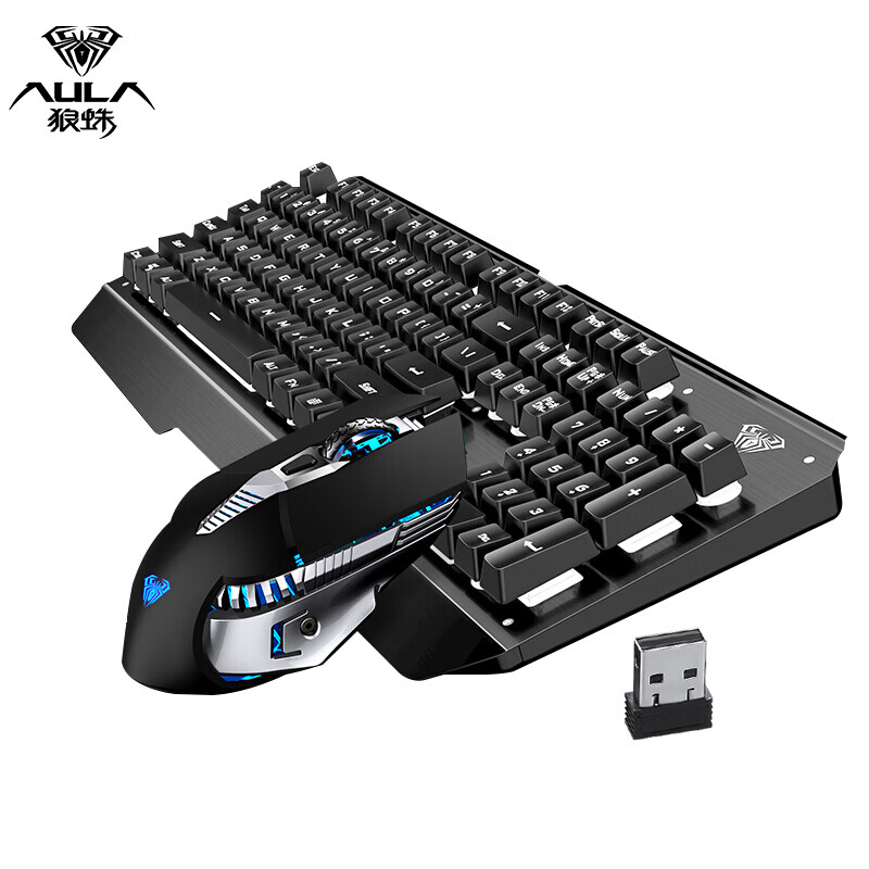 狼蛛（AULA）T600无线键鼠套装 键盘鼠标套装 可充电 背光键盘 游戏键鼠套装 机械手感 笔记本电脑键盘 黑色