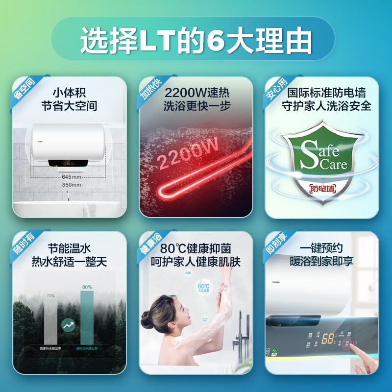 統(tǒng)帥（Leader）海爾出品安心浴系列 50升家用電熱水器 小尺寸易安裝安全節(jié)能省電 專利內(nèi)膽防電墻 LES50H-LT