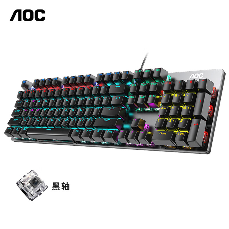 AOC GK410 机械键盘 有线键盘 游戏键盘 104键背光键盘 金属面板 电脑键盘 笔记本键盘 黑色 黑轴